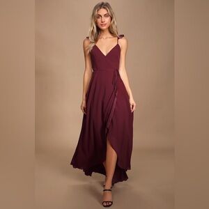 Lulu's Here's to Us Burgundy High-Low Wrap Dress